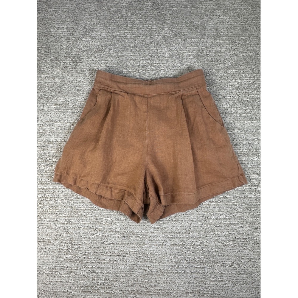 Whimsy + Row Brown 100% Linen Pleated High Waist Shorts Size M Made in LA